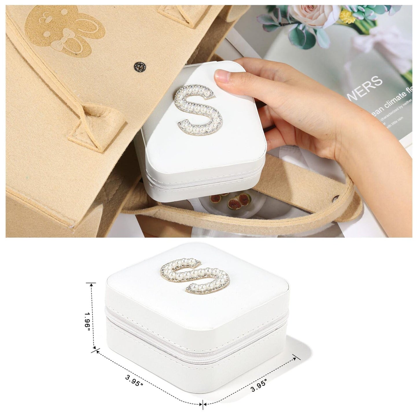 Parima Women's L Initial Mini Jewelry Case | Personalized Travel Case | Birthday Gift - White
