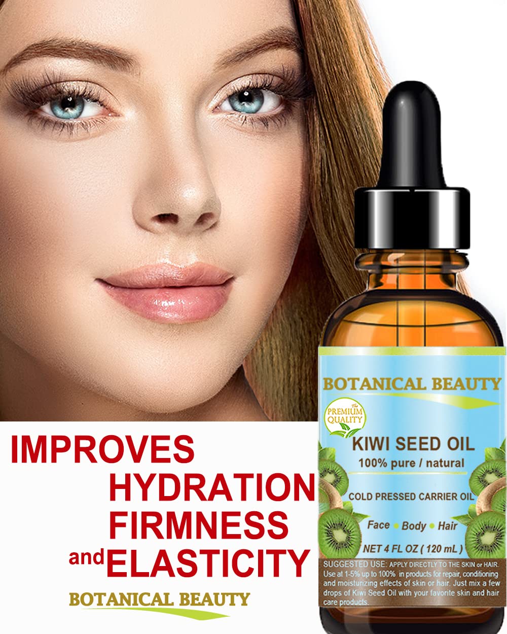 Botanical Beauty KIWI SEED OIL. 100% Pure Natural Undiluted Virgin Cold Pressed Carrier Oil for Face, Skin, Body, Hair, Nail Care (4 Fl Oz)