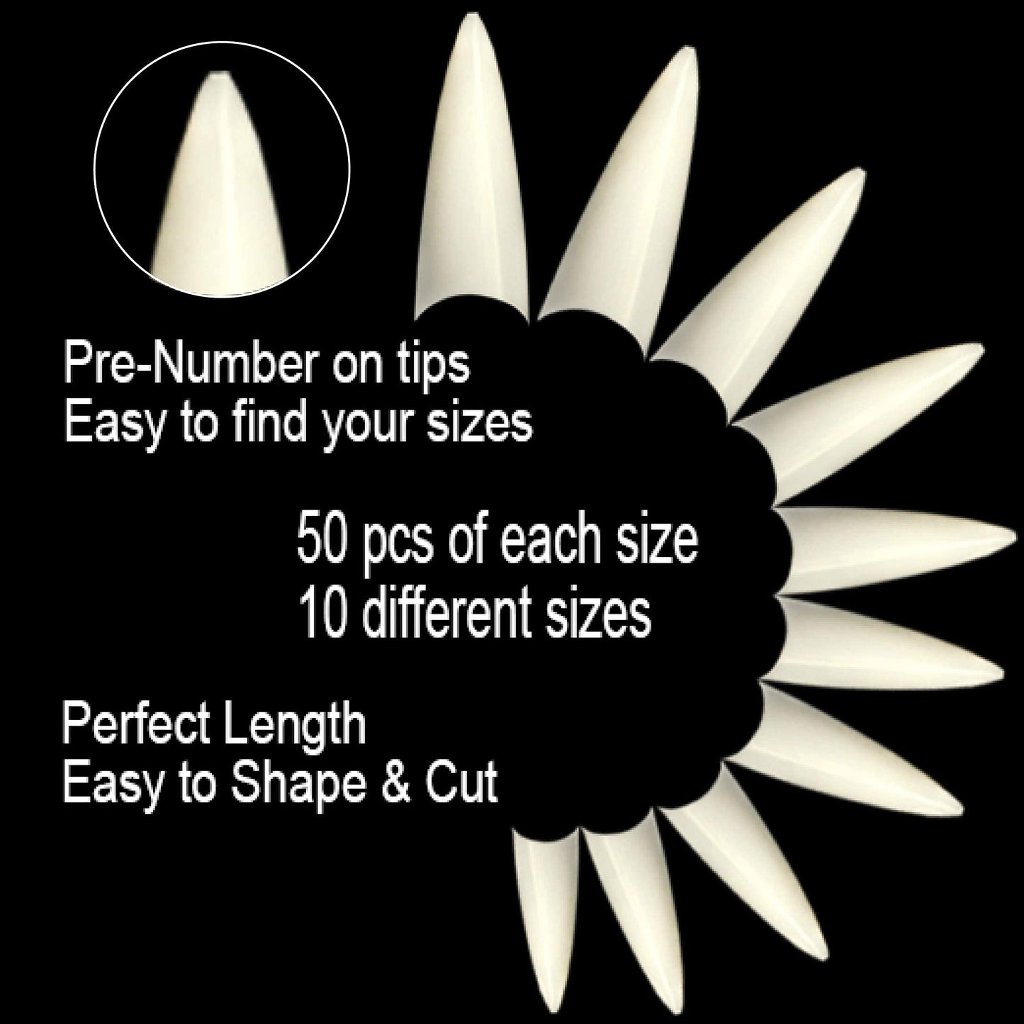 Vivace 2PACK Natural/Clear Stiletto 500 Acrylic False Fake Gel Nail Tips (Total 1000Tips) 10Sizes With Clear Acrylic Case For Nail Salon Nail Shop