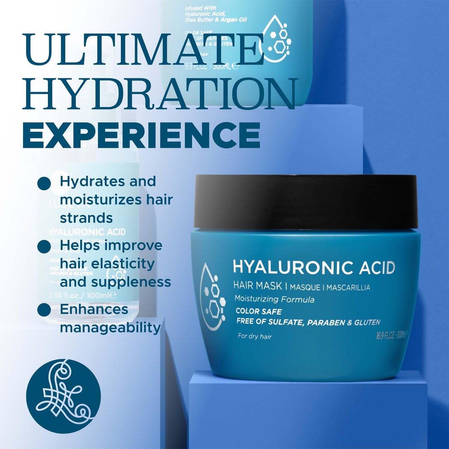 Luseta Hyaluronic Acid Intense Moisture Hair Mask Hydrate Dry Hair Enhance manageability for Men & Women 16.9oz