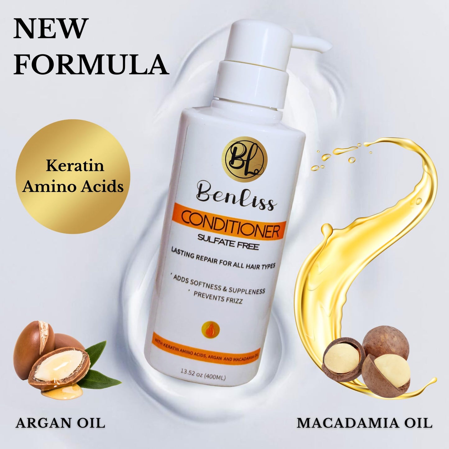 Benliss Shampoo and Conditioner Set With Argan and Macadamia Oil- Sulfate Free - For Straight, Curly, Frizzy, Dry - Hair Repair for Damaged Hair