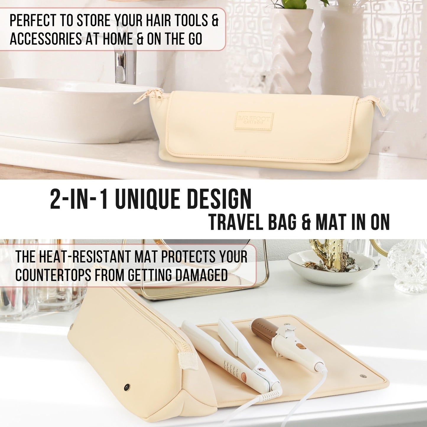 BAREFOOT CARIBOU Hair Tools Travel Bag and Heat Resistant Mat for Flat Irons, Straighteners, Curling Iron, and Haircare Accessories, 2-in-1 design