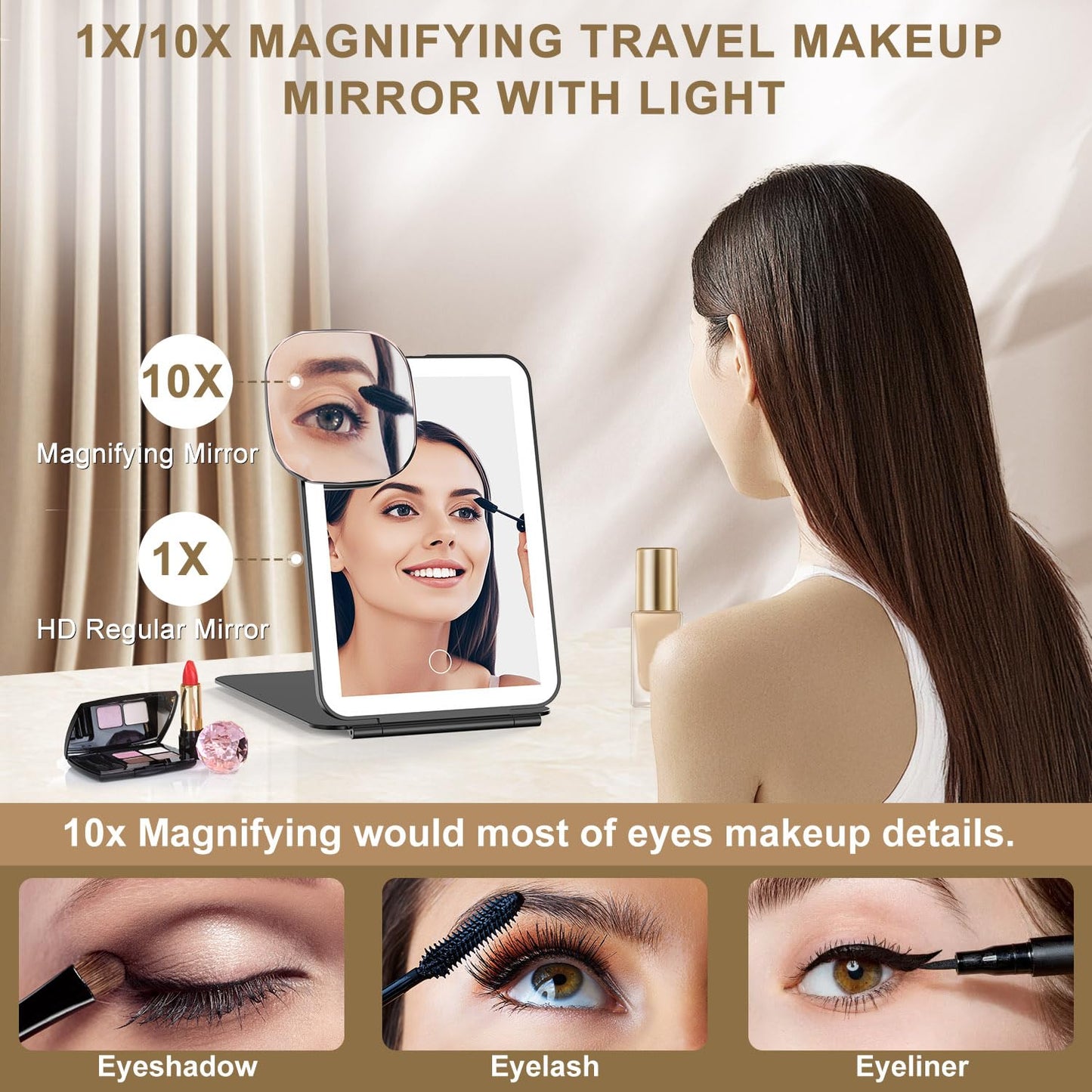 Mocado LED Foldable Travel Makeup Mirror - 5x7 inches 3 Colors Light Modes USB Rechargeable Touch Screen, Portable Tabletop Cosmetic Mirror