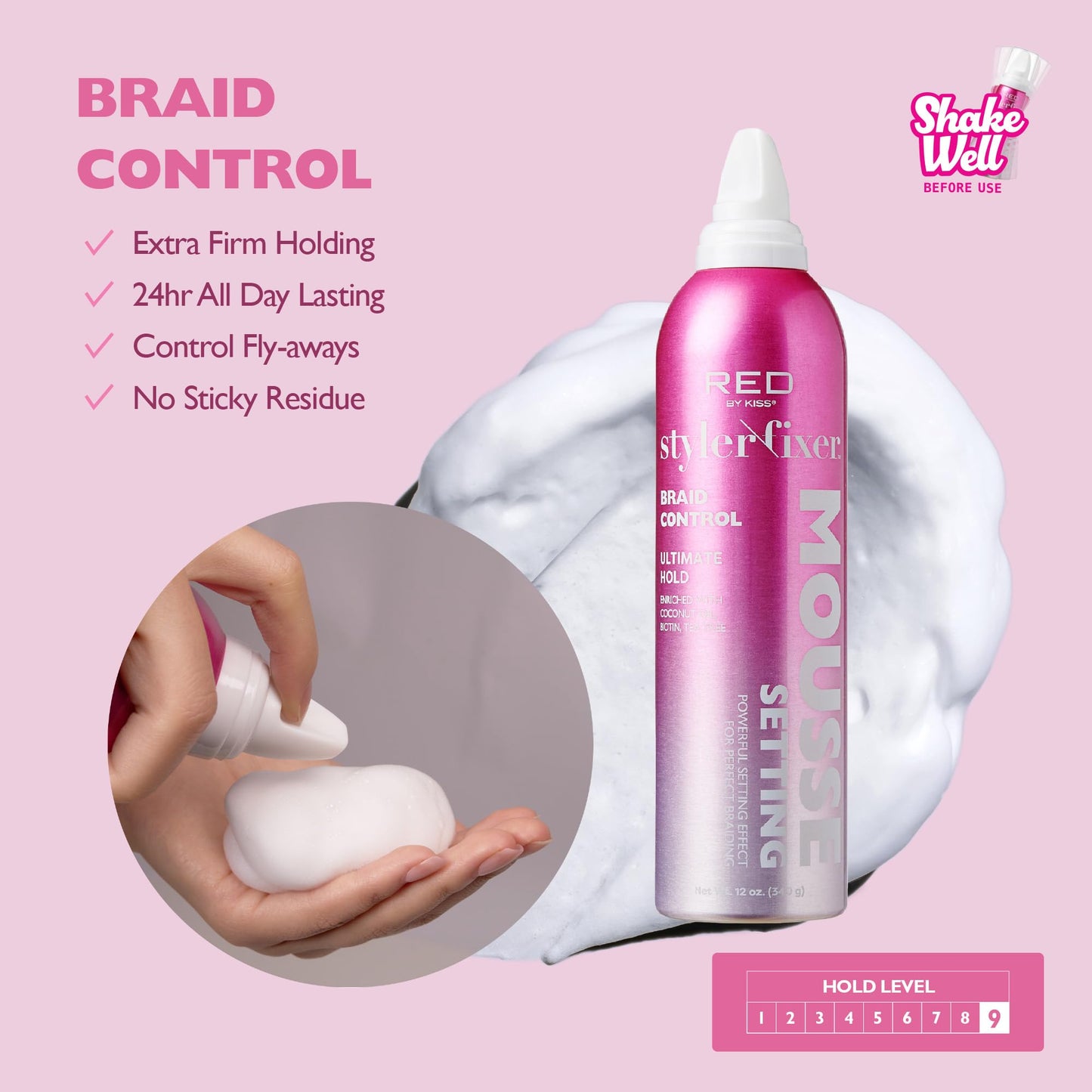 Red by Kiss Setting Mousse Braid Frizz Control, Curl Definition, Shine, Maximize Volume, Ultimate Hold, Long Lasting, Non Sticky Creamy Foam Style