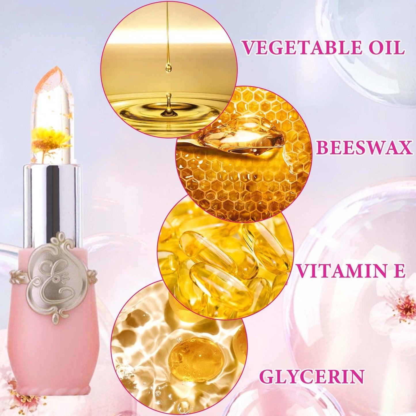 WENJLYJ 2PCS Crystal Flower Jelly Lipstick,Clear Lipstick with Flower Inside Magic PH Temperature Color Changing Lip Stick Tinted Lip Balm,Long