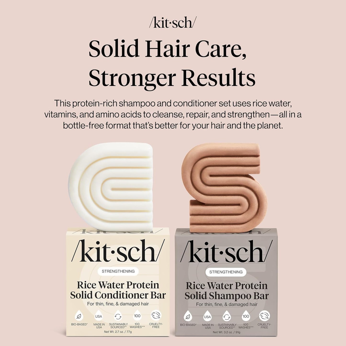 Kitsch Rice Water Shampoo & Conditioner Set - Solid Shampoo & Conditioner Bar with Protein for Hair Growth, Strengthening Hair & Damage Repair