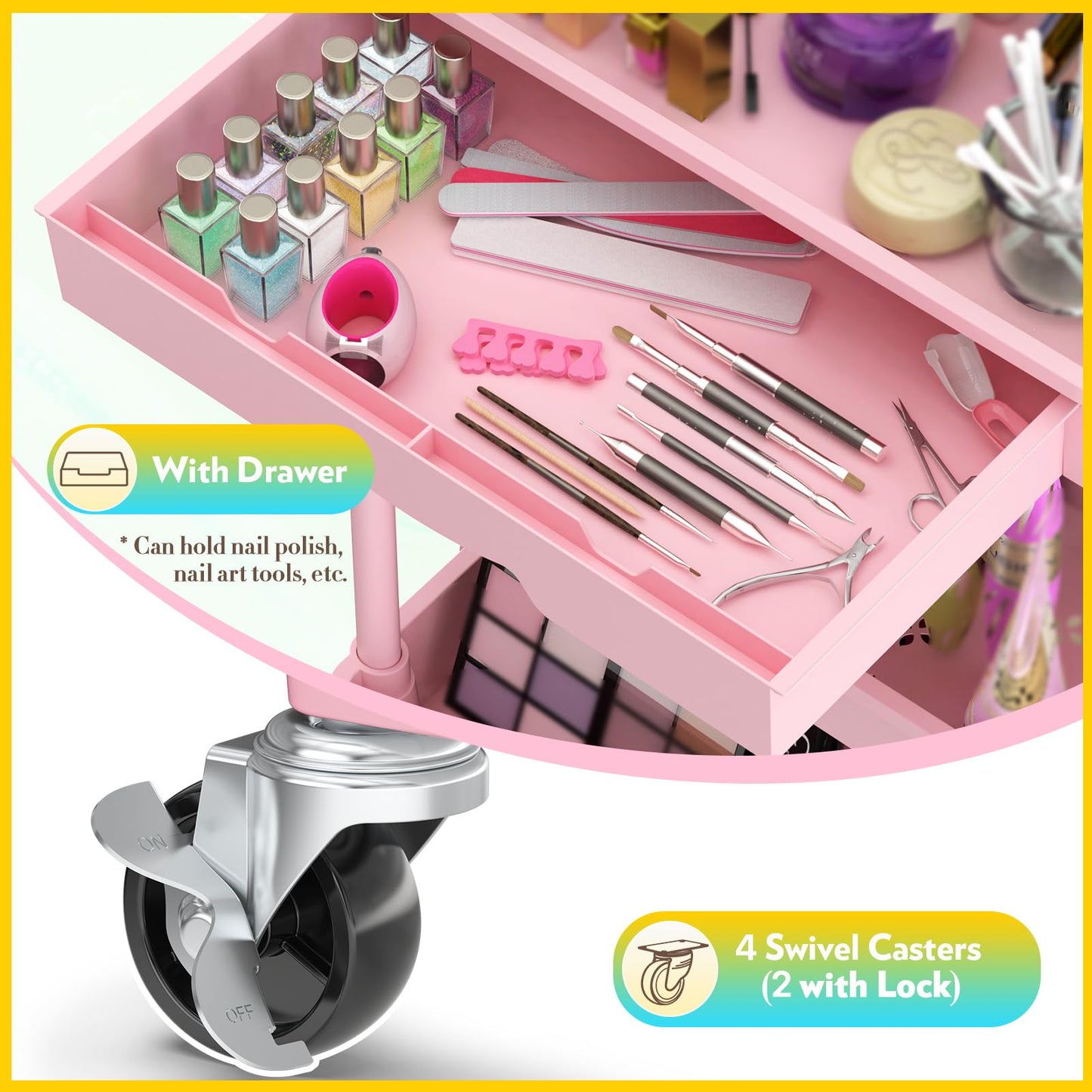 SUNALLY Makeup Cart Organizer with Drawers, Floor Skincare Organizers Vanity Storage Organizer, Rolling Makeup Bathroom Storage Cart Cosmetics Display Beauty and Personal Care SUNALLY