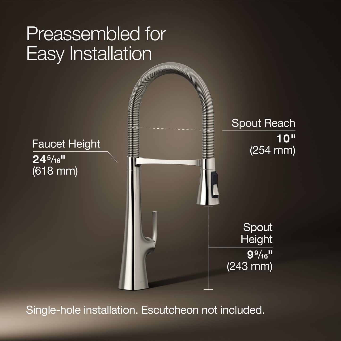Kohler 22060-SN Graze Commercial, 3 Function Tall Semi-pro Kitchen Sink Faucet with Pull Down Sprayer, Vibrant Polished Nickel