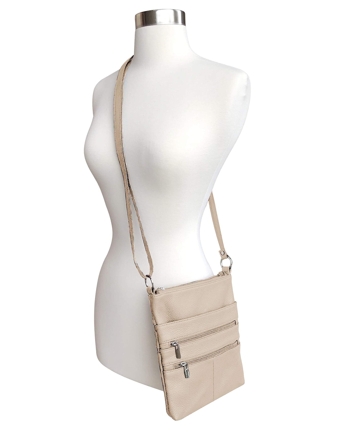 Roma Leathers Mini Cross Body Purse - Multi Pocket Double Zipper Handbag - Premium Cream Leather - Adjustable Shoulder Strap - Convenient Travel Bag…