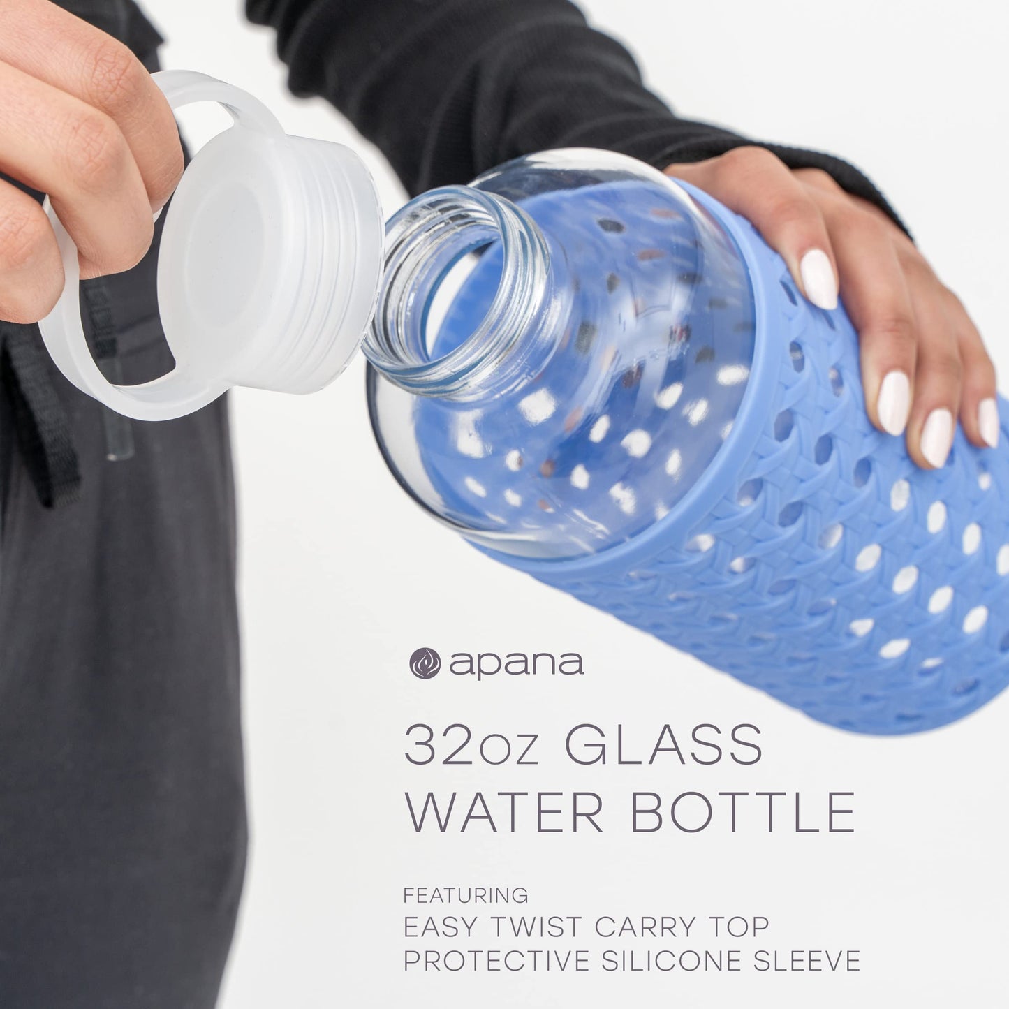 Apana Yoga Glass Water Bottles BPA Free Non Slip Sleeve Leak Proof Lid Reusable 19 Oz and 32 Oz Sports Water Bottle Wide Mouth Lid Portable Hydration…