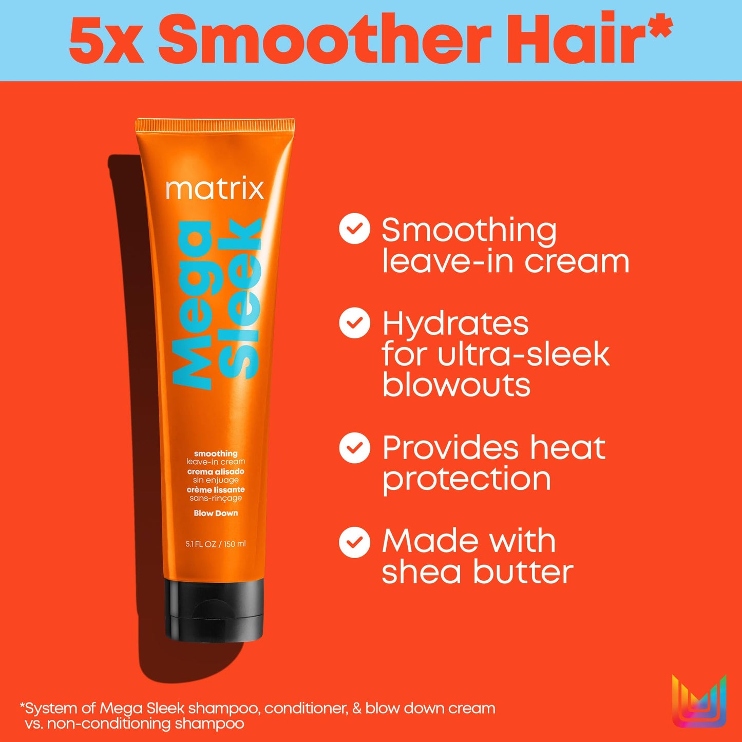 Matrix Mega Sleek Blow Down Smoothing Leave-In Cream - Smooths Hair, Detangles, & Tames Frizz, Heat Protectant, For Dry, Damaged & Frizzy Hair, 5.1 Fl