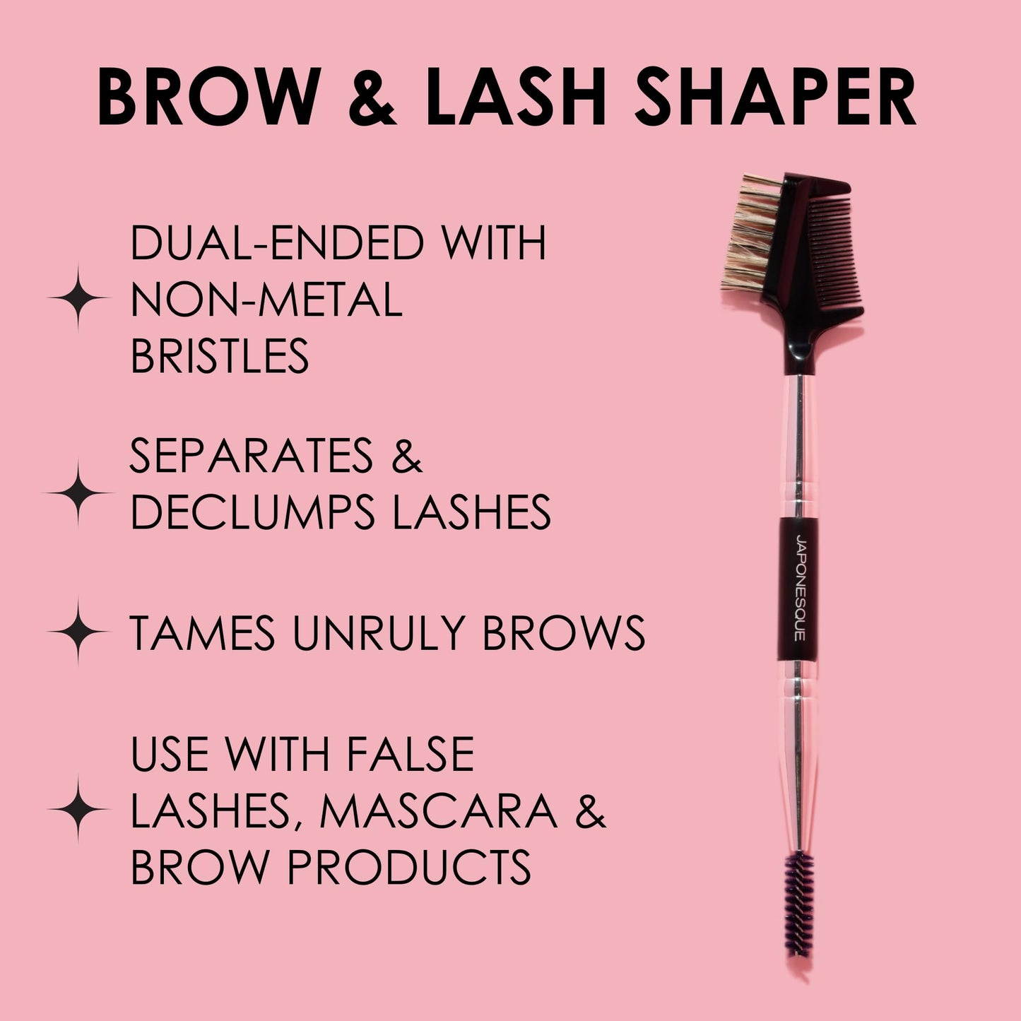 JAPONESQUE Brow & Lash Shaper with 3 Different Spoolie Brushes, for Separating Lashes, Eliminating Mascara Clumps, and Grooming and Shaping Brows
