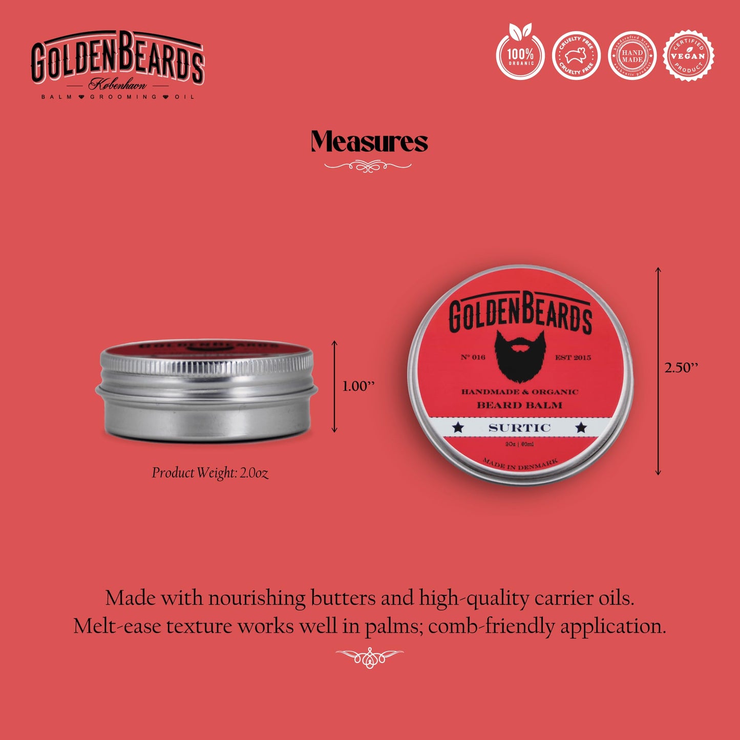 Golden Beards Organic Beard Balm Surtic - Lime, Peppermint & Menthol Blend with Shea & Beeswax - 60ml Vegan Styling & Softening Balm, Handmade in Beauty and Personal Care Golden Beards Kobenhavn BALM GROOMING OIL