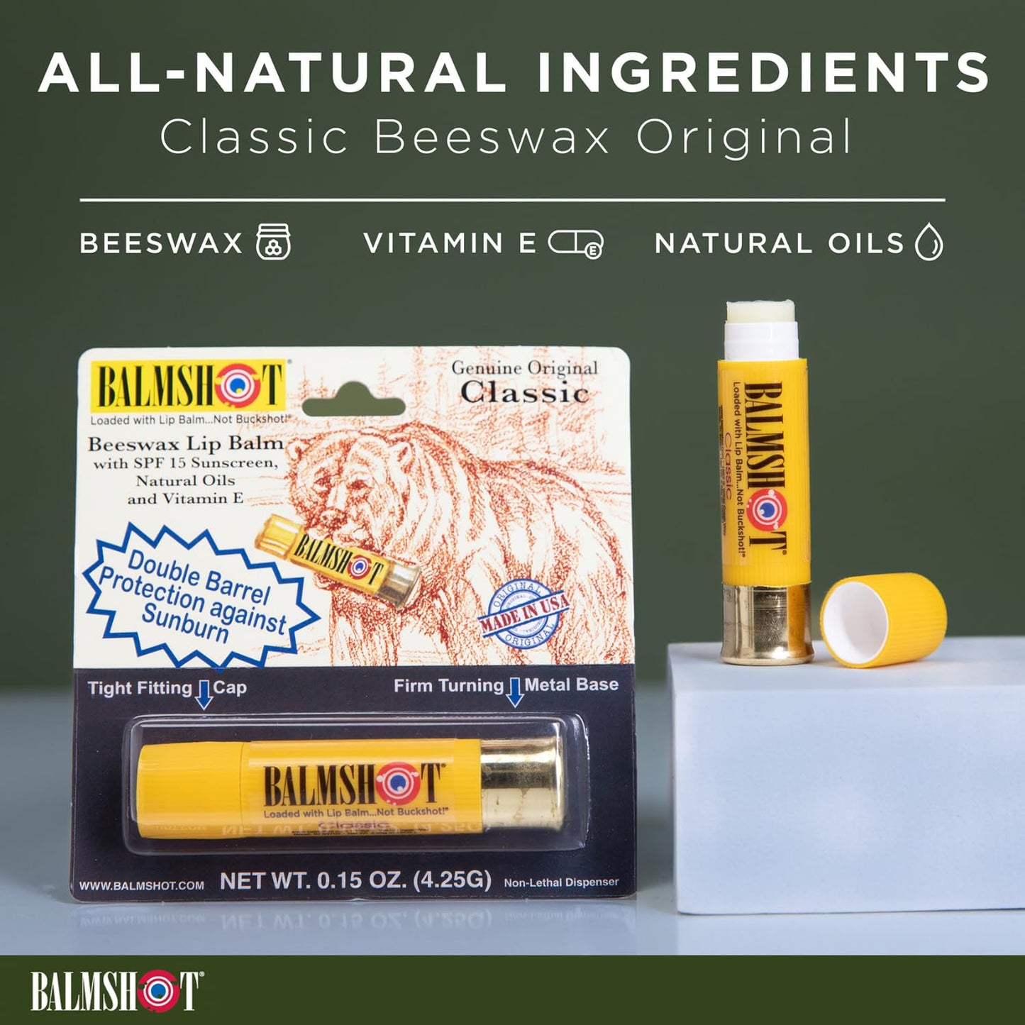 BALMSHOT Lip Balm (2-Pack) of Classic & Pure Pink Vanilla Mint - SPF 15, Beeswax Chapstick for Dry Chapped Lips, 20-Gauge Brass Shotgun Shell Tube