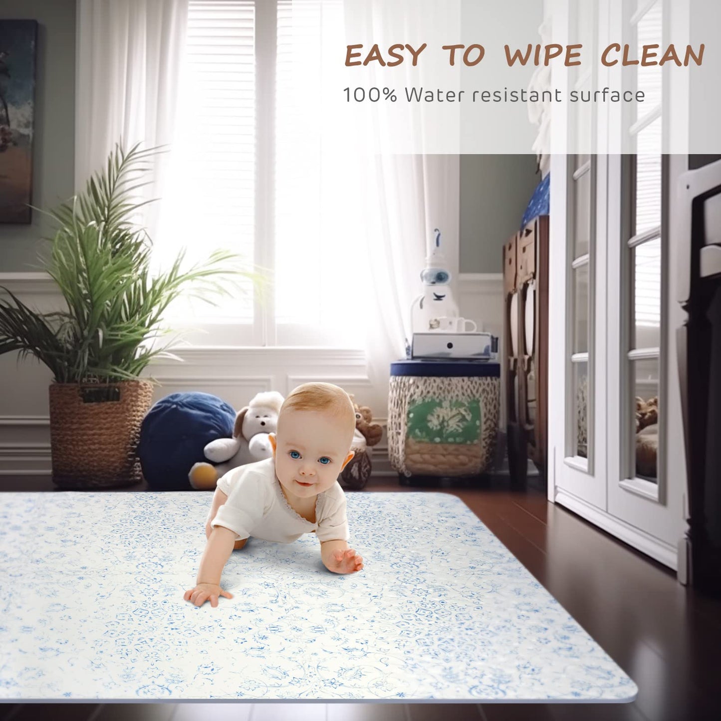 Extra Large Baby Play Mat - 4FT x 6FT Non-Toxic Foam Puzzle Floor Mat for Kids & Toddlers (Persia Handmade Pattern, Blue and White)