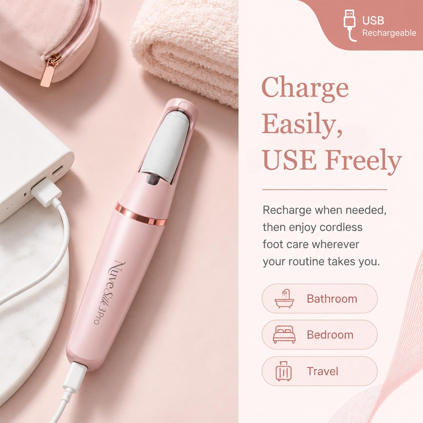 Nuve Silk 3 Pro Callus Remover for Feet, 2-Speed Electric Foot File, Pink Beauty and Personal Care Nuve Silk 3 Pro