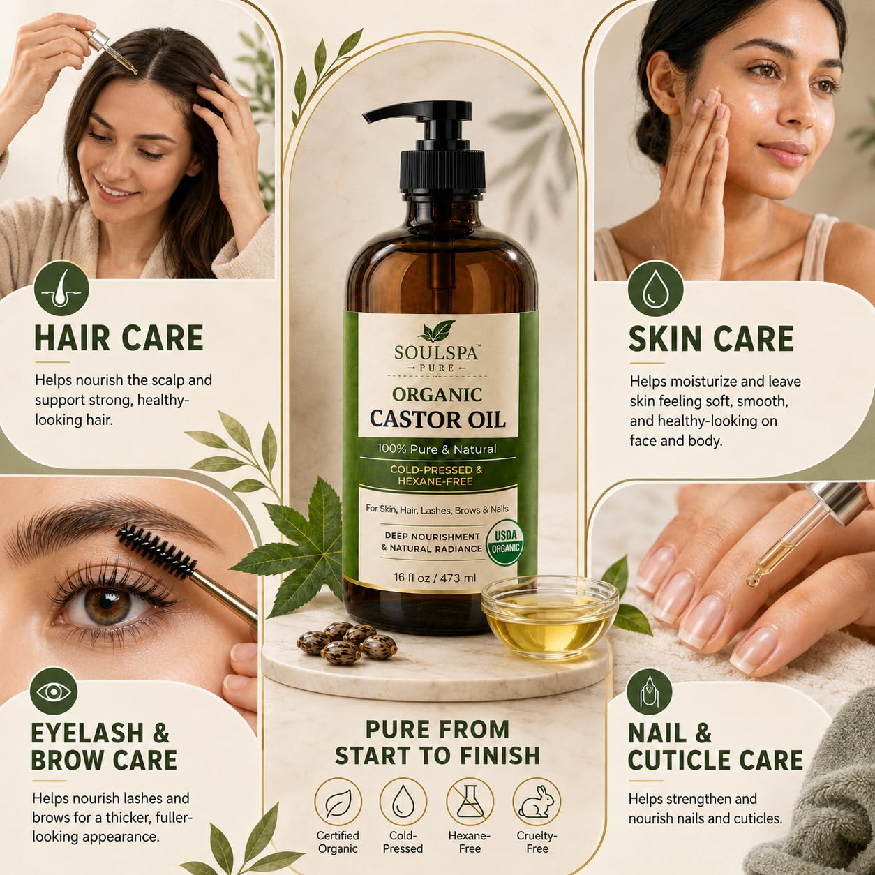 SOULSPA PURE Organic Castor Oil for Hair, Scalp, Skin, Face & Eyelashes | USDA Certified | 100% Pure Castor Oil Organic Cold Pressed Unrefined Glass Beauty and Personal Care SOULSPA PURE