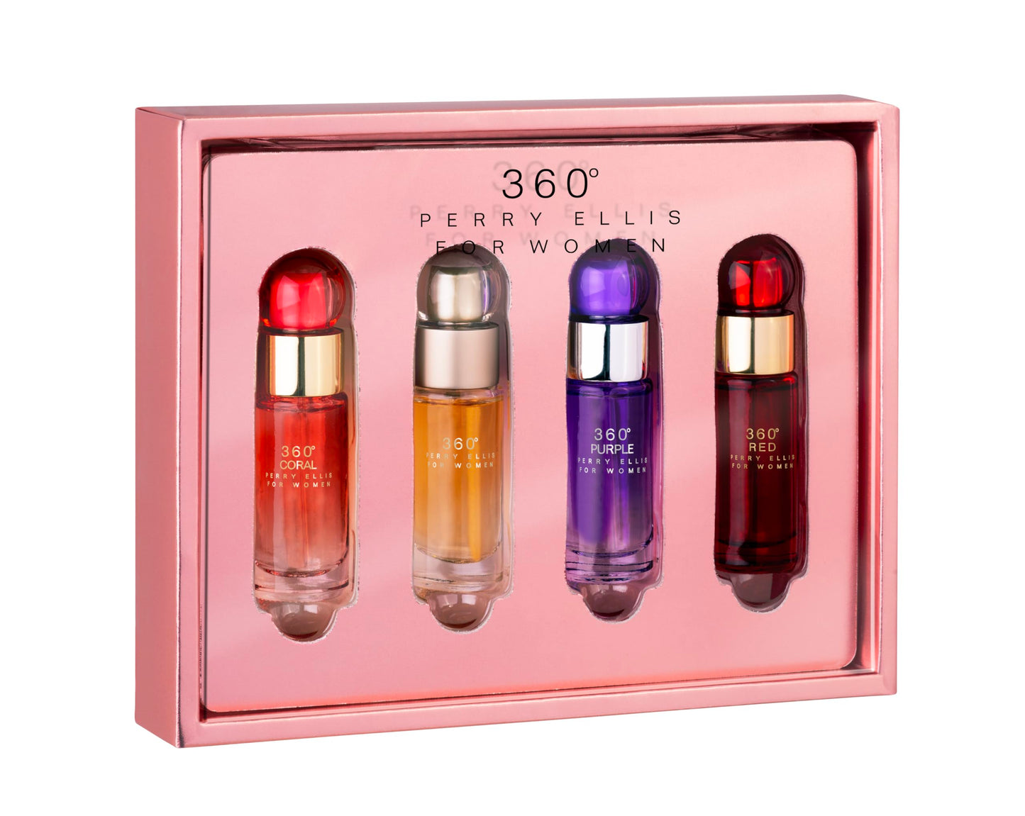 Perry Ellis 360° Women mini gift set - 4-pack of .25 fl oz EDP travel sprays (360° Women, 360° Coral, 360° Purple, 360° Red)