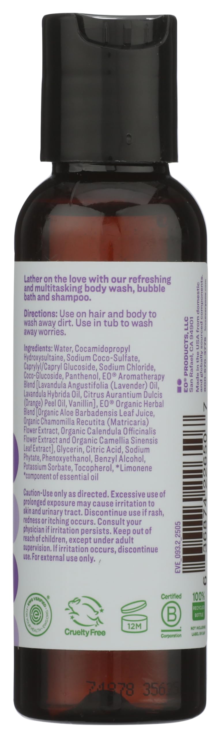 Everyone 3-in-1 Soap Body Wash, Bubble Bath, Shampoo, Travel Size, 2 Ounce (Pack of 1), Vanilla and Lavender, made with Essential Oils for Men