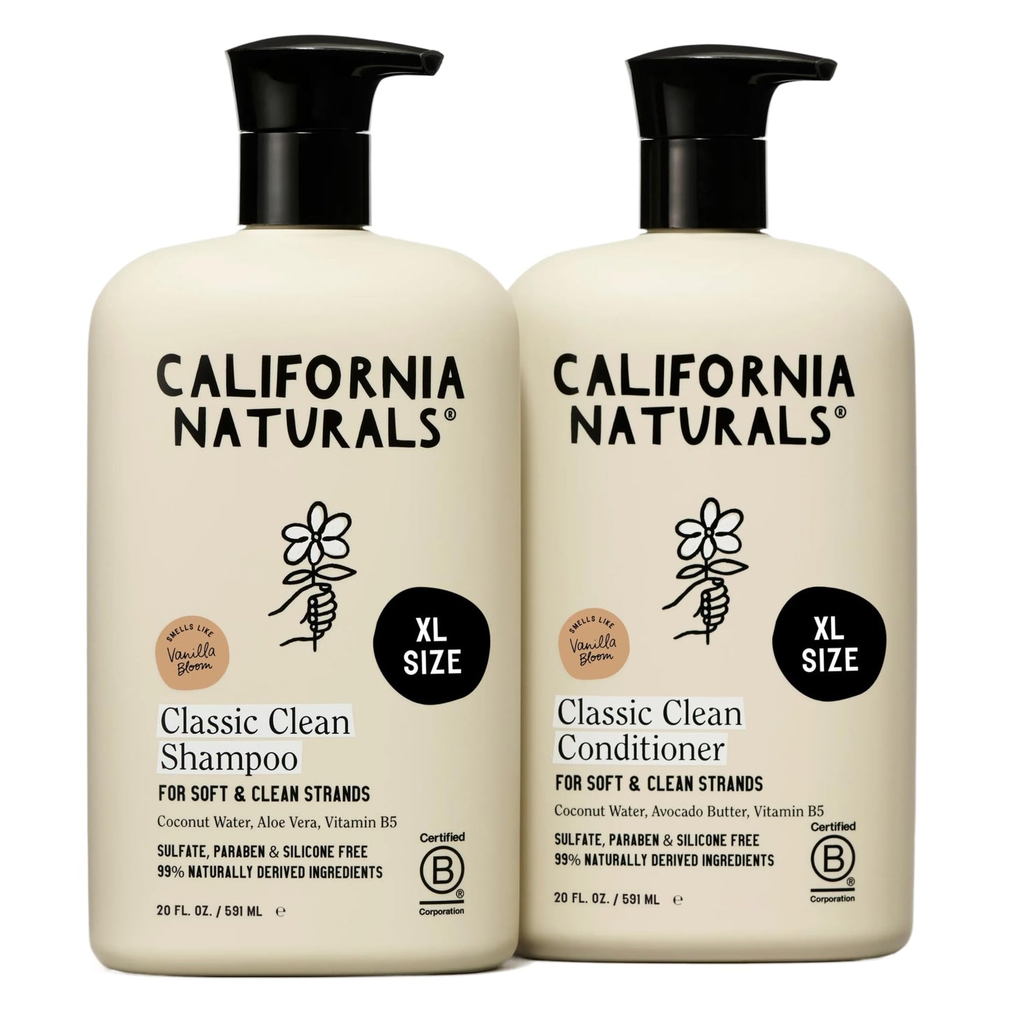 California Naturals Classic Clean Vanilla Bloom Shampoo & Conditioner Set, Natural, Vegan, Cruelty, Silicone, Paraben, and Sulfate Free Shampoo, All