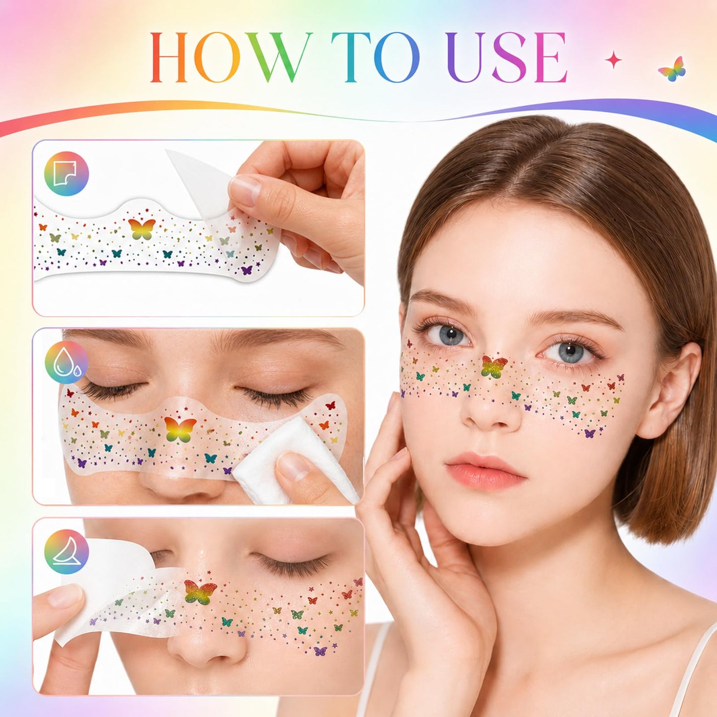 Artlunar 8Pcs LGBTQ Pride Face Freckles Tattoos, Rainbow Butterfly Temporary Tattoos with Silver Glitter Powder, Waterproof Face Sparkles for Pride
