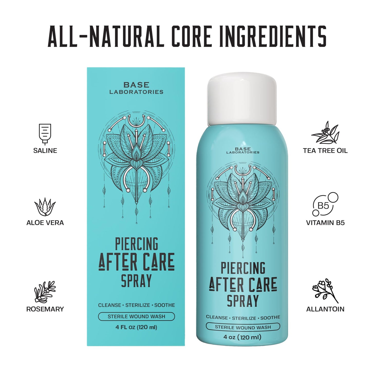 BASE LABORATORIES Piercing Aftercare Spray 4oz | Saline Spray for Piercings | Ear Piercing Cleaner Spray | Saline Solution for Piercings | Piercing Beauty and Personal Care BASE LABORATORIES