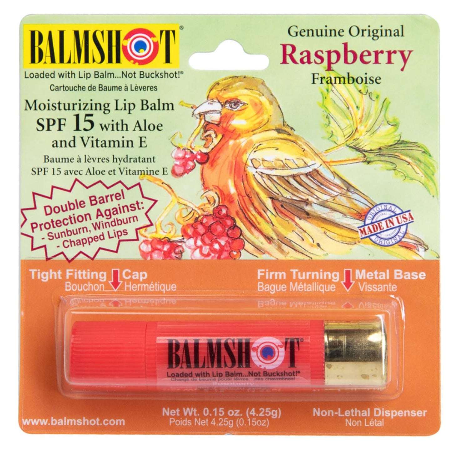 BALMSHOT Raspberry Lip Balm SPF 15 - Beeswax Chapstick for Dry Chapped Lips, 20-Gauge Brass Shotgun Shell Tube, Heat Resistant, Long Lasting Lip