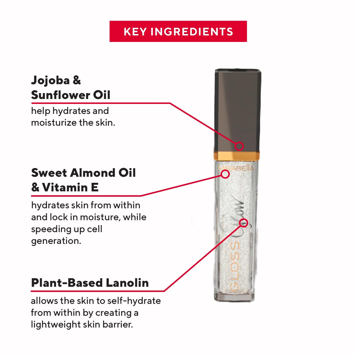 Mirabella Glow Light-Up Clear Shimmer Lip Gloss - LED Applicator with Mirror - Hydrating & Ultra-Moisturizing Formula with Jojoba Oil, Sweet Almond