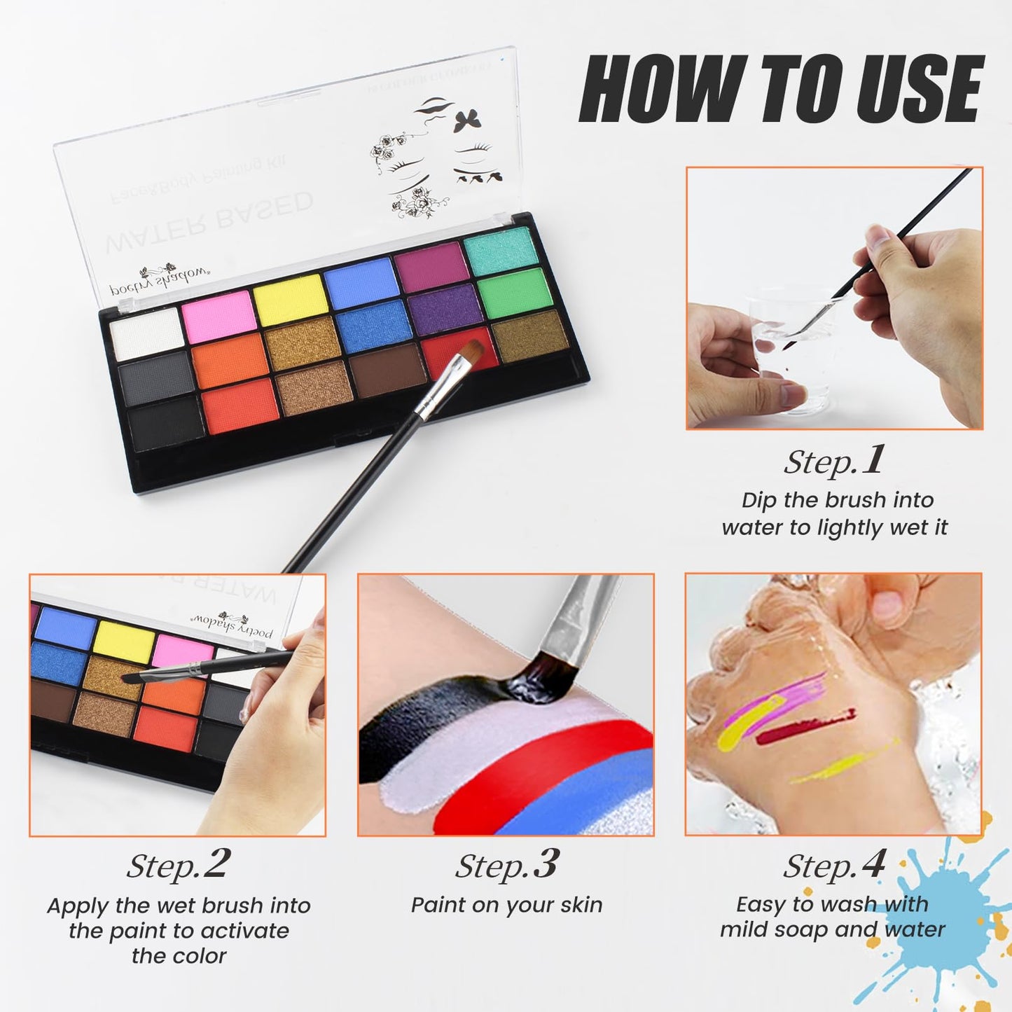 BRIMFULITE Face Painting Kit Non-toxic Body Paint Washable 18 Colors Facepaint Makeup Kit for Adults with 10 Face Paint Brushes for Halloween Party
