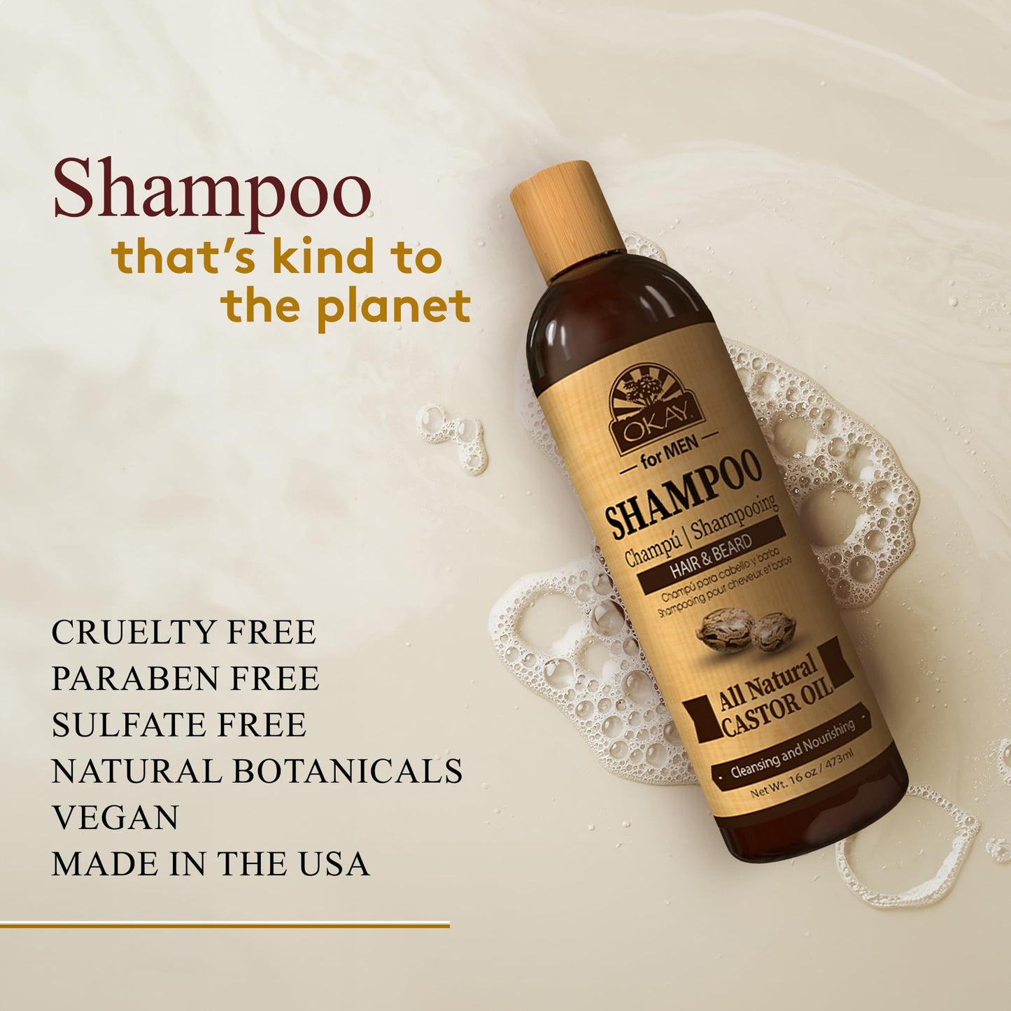 OKAY for MEN Castor Oil Hair & Beard Shampoo - Hydrating Shampoo for Healthy Hair & Beard Growth, Moisturizing Care, Strengthen & Restore Damage