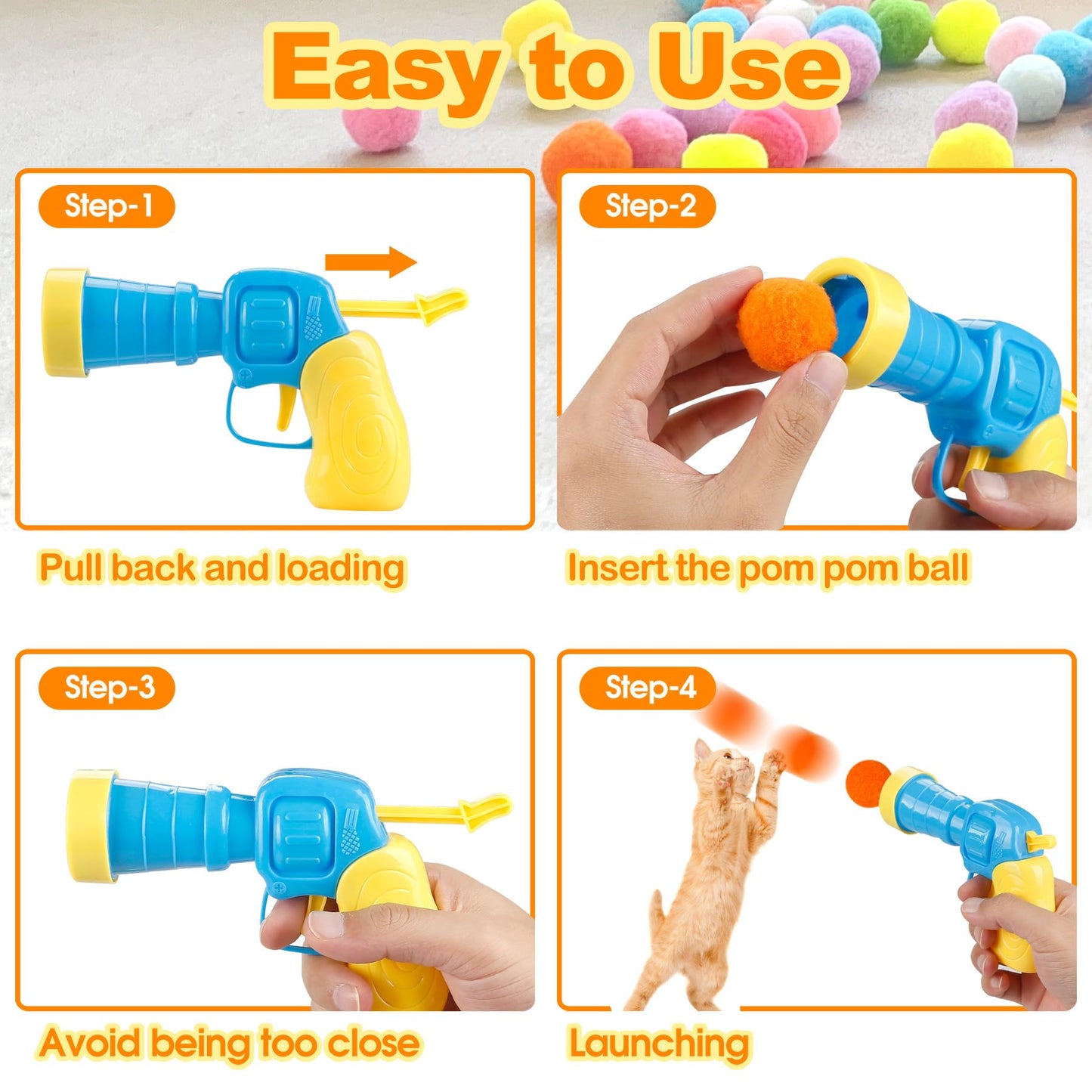 MeoHui 31pcs Cat Ball Launcher Toy – 30 Plush Balls & 1 Launcher Gun, Fun Interactive Play for Indoor Cats & Kittens