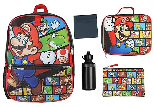 Bioworld Nintendo Backpack Super Mario 5 PC Shimmer Character 16" Lunch Box Combo Set