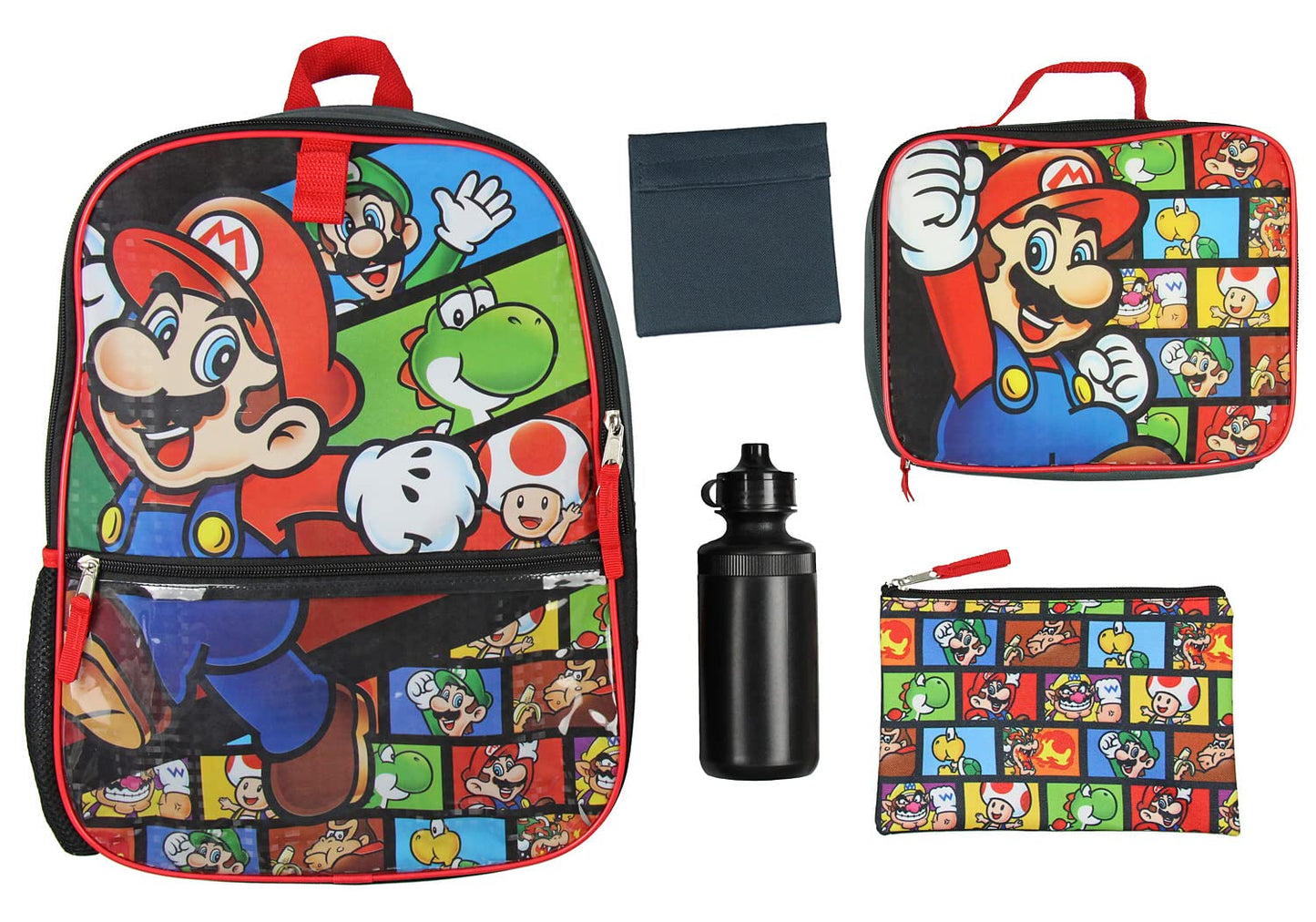 Bioworld Nintendo Backpack Super Mario 5 PC Shimmer Character 16" Lunch Box Combo Set