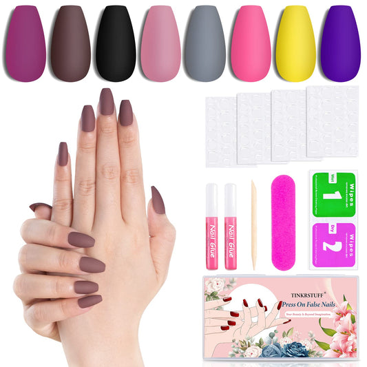 8 Solid Color Matte Short Coffin Press On Nails Pack #5, 192PCS Acrylic Medium Length Ballerina False Nail Art Tips Set for Women with Glue, Adhesive Beauty & Personal Care TINKRSTUFF