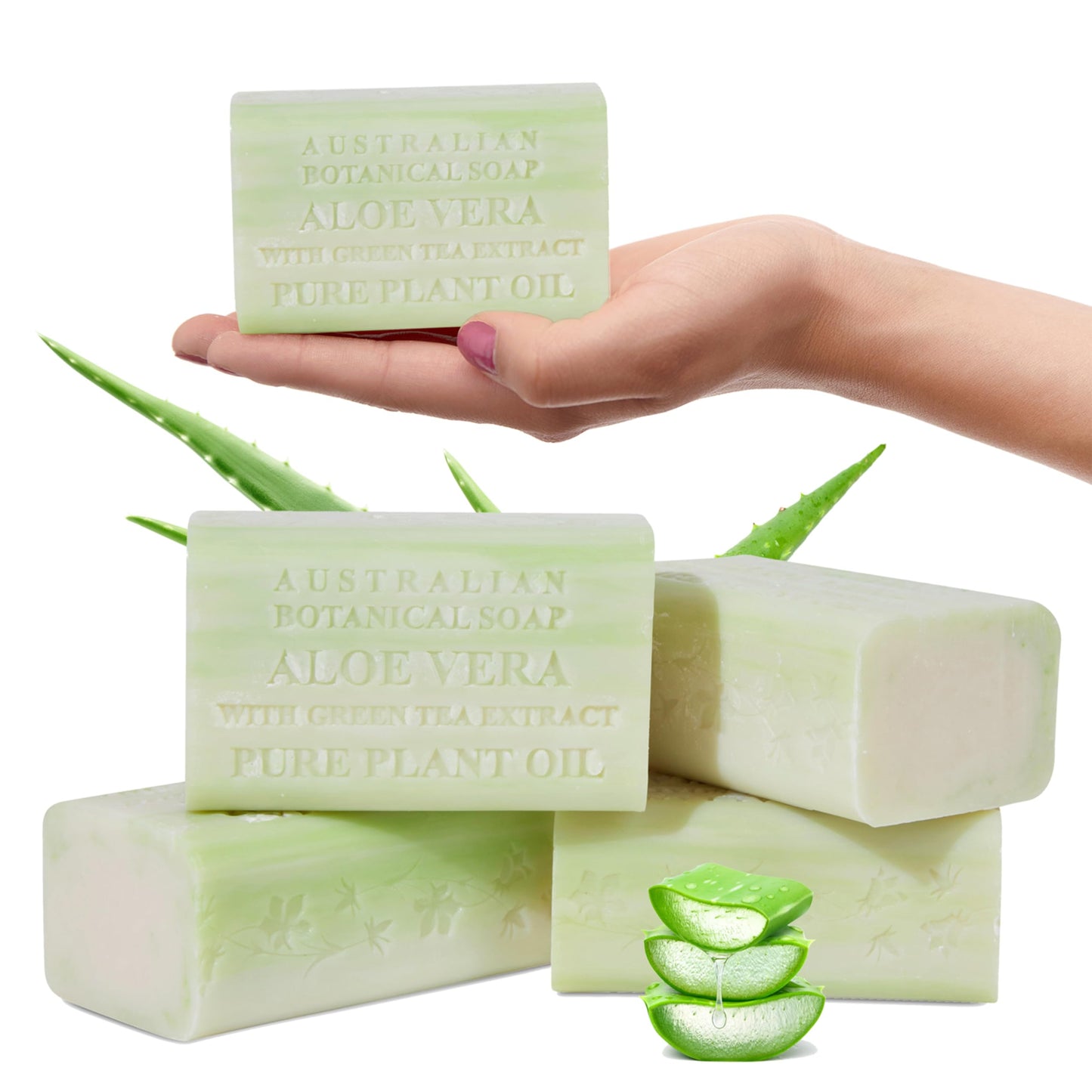 Australian Botanical Soap Aloe Vera with Green Tea Extract - Triple Milled 6.6 oz Bar Soap with Shea Butter, Face Hand & Body Bars, 4 Pack