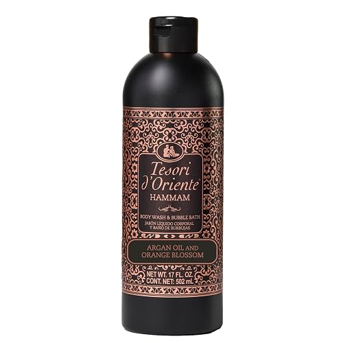 Tesori d’Oriente Hammam Body Wash & Bubble Bath, 17.5 fl oz, Gentle, Hydrating Shower Gel with Argan Oil & Vitamin E, Warm Orange Blossom Scented, No