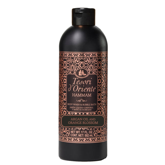 Tesori d’Oriente Hammam Body Wash & Bubble Bath, 17.5 fl oz, Gentle, Hydrating Shower Gel with Argan Oil & Vitamin E, Warm Orange Blossom Scented, No