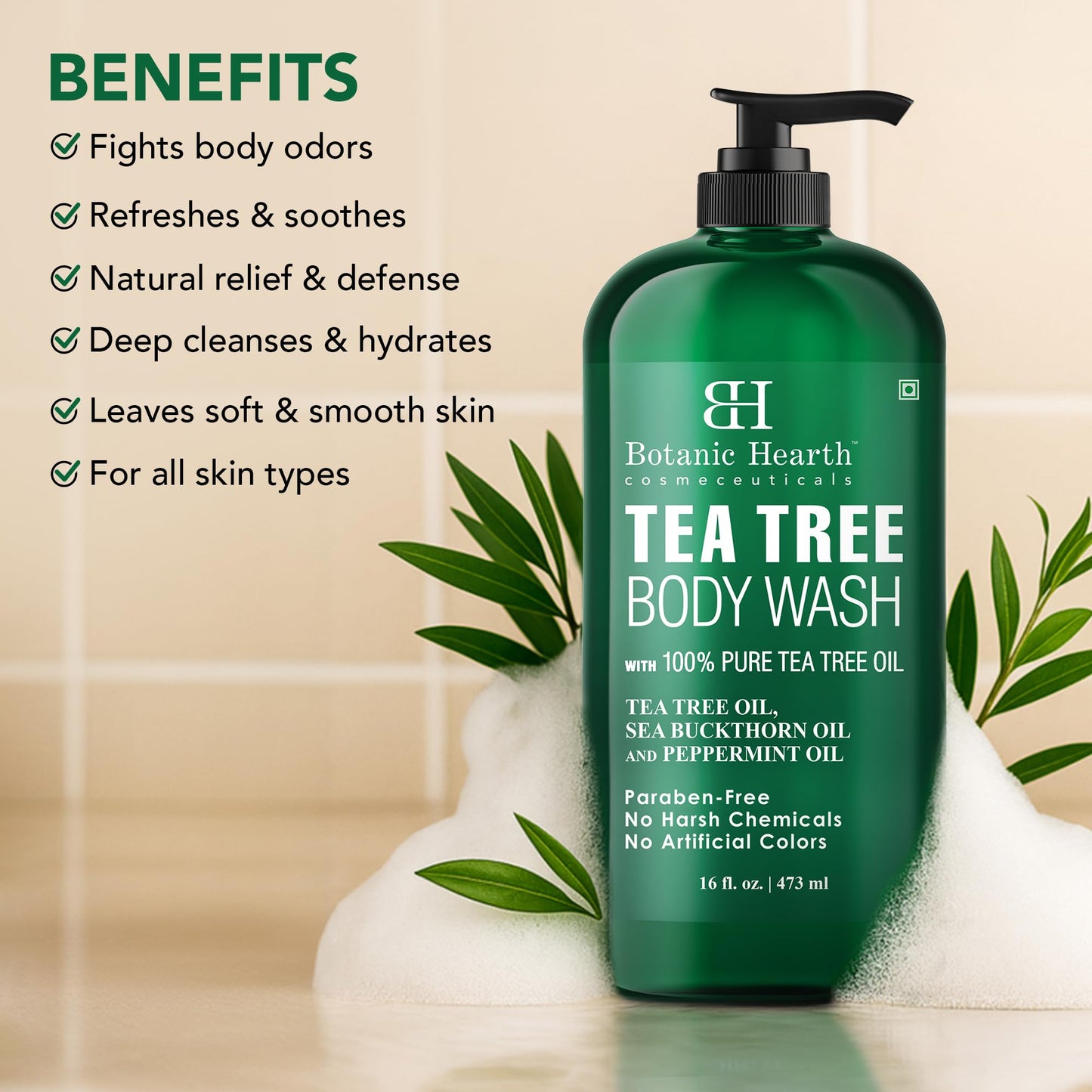 Botanic Hearth Tea Tree Body Wash, 16 Fl Oz (473 ml) | Enriched With Tea Tree Oil, Peppermint & Sea Buckthorn | Gently Cleanses, Refreshes & Nourishes Beauty and Personal Care Botanic Hearth