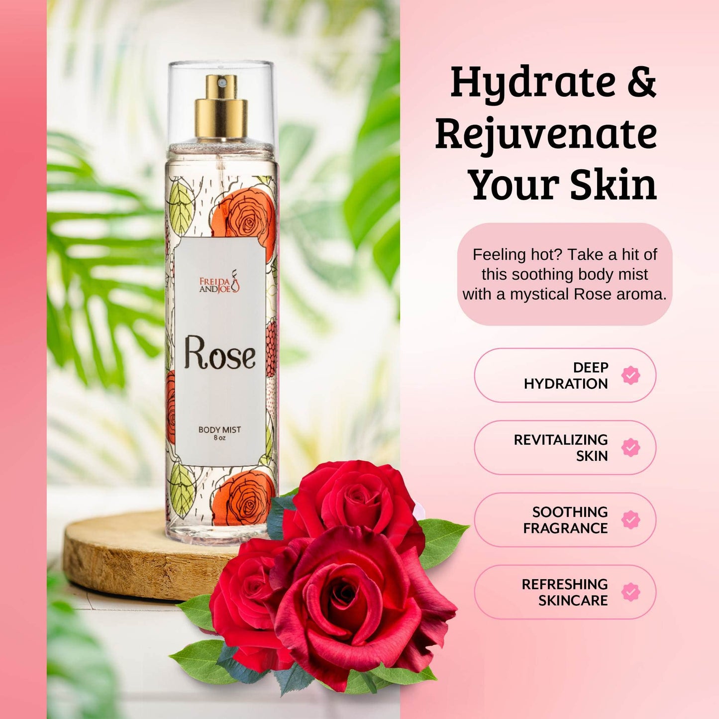 Freida and Joe Rose Elegance Fine Fragrance Body Mist Spray Capturing Timeless Allure of Blooming Roses, 8 oz Spray Bottle Ideal for Gifting, Stocking