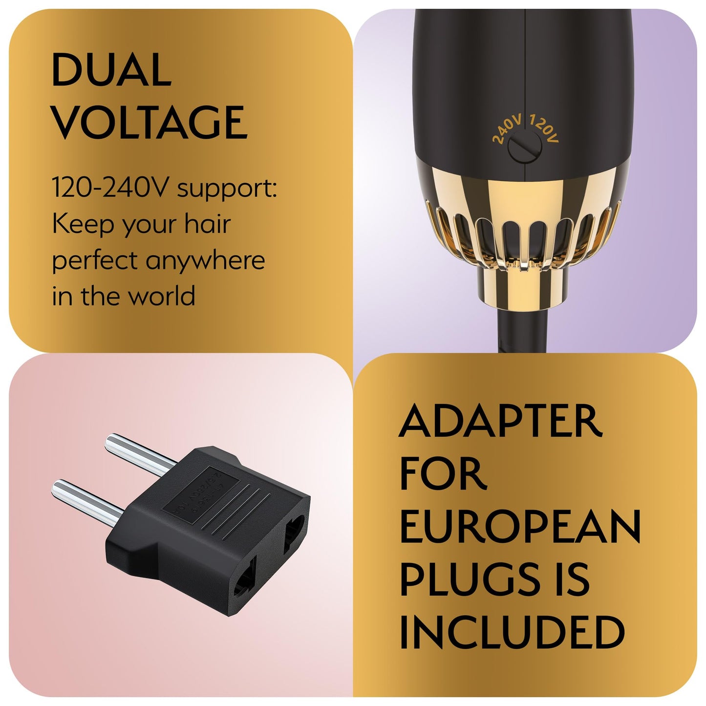 Manual Dual Voltage Blowout Hair Dryer Brush, Professional Hot Air Brush for European Travel 110V-120V/220V-240V, Black Gold Dryer and Volumizer