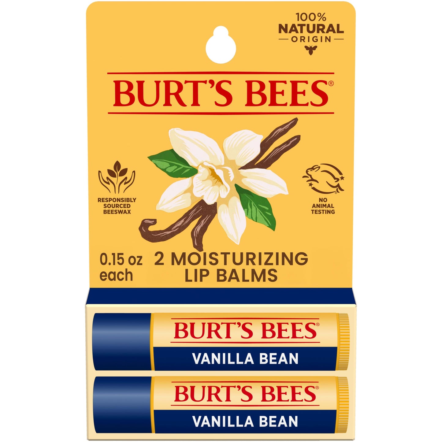Burt's Bees Lip Balm - Vanilla Bean, Lip Moisturizer With Responsibly Sourced Beeswax, Tint-Free, Natural Origin Conditioning Treatment, 2 Tubes, 0.15