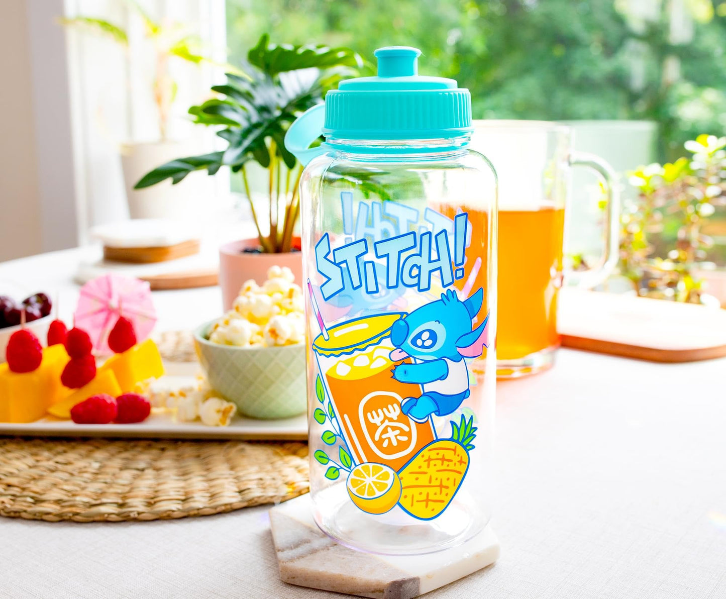 Disney Lilo & Stitch Bubble Tea Plastic Water Bottle With Leak-Resistant Sports Cap Lid | Holds 34 Ounces