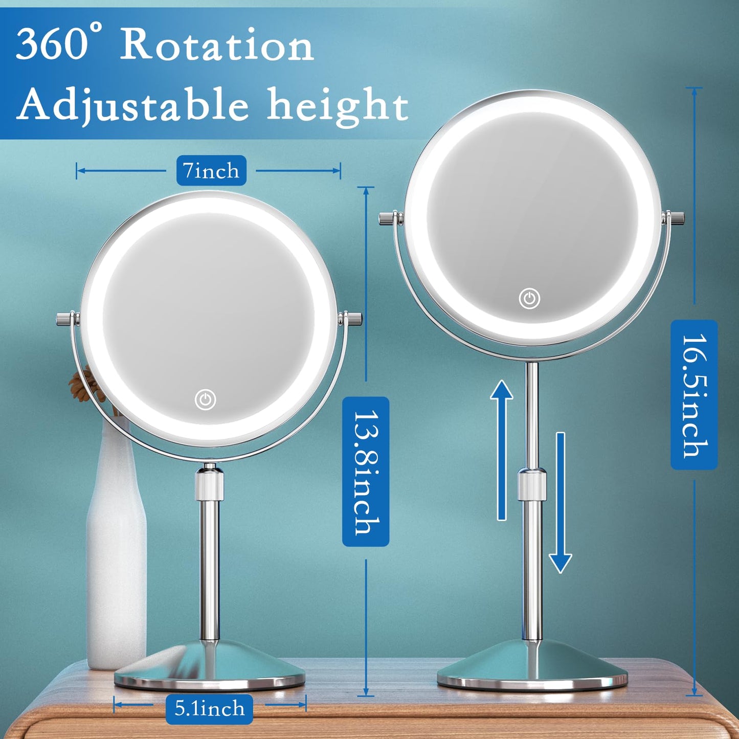 Niuphia Vanity Mirror with Lights 7" Rechargeable 1x/10x Lighted Makeup Mirror Adjustable Height Double Sided Mirror with Lights 360°Rotating Makeup