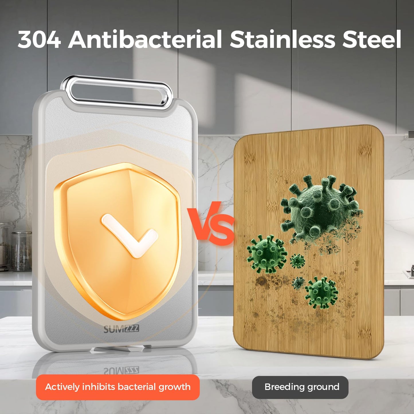 Sumzzz Stainless Steel Cutting Board for Kitchen, 2-in-1 Double-Sided Chopping Board, Food Grade Stainless Steel/PP, Easy to Clean, Large Size…