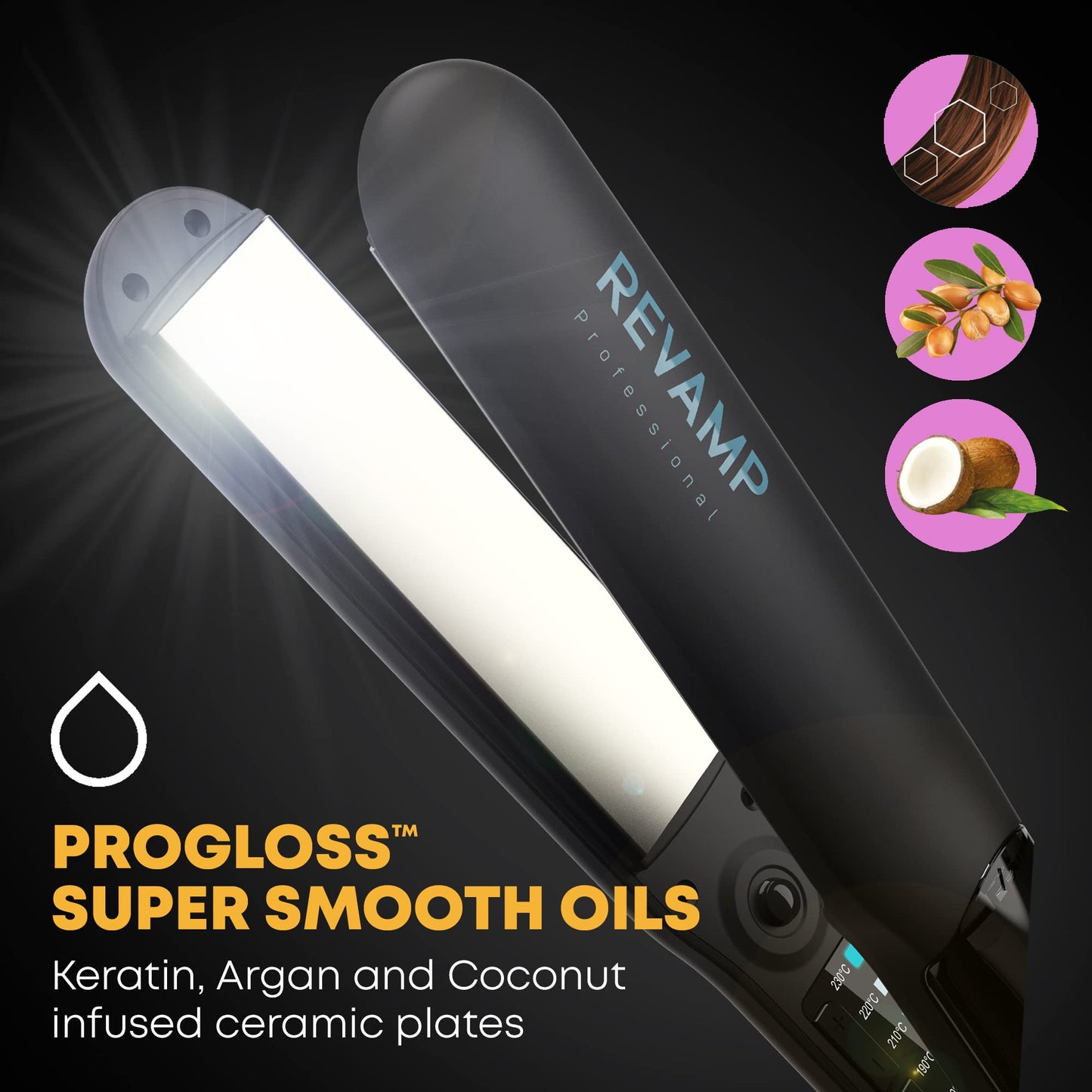 Revamp Progloss MoistureCare 1.25-Inch Flat Iron Hair Straightener - Steam Hair Straightener with Keratin, Argan & Coconut Oil Infused Ceramic & Ionic