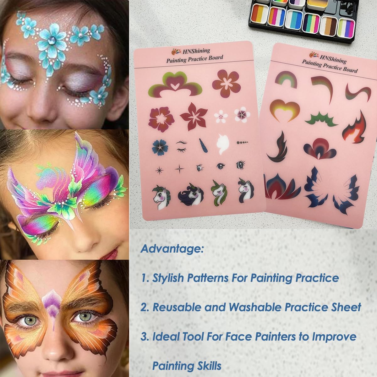 HNShining Face and Body Paint Practice Board With Various Patterns - Reusable Exercise Template and Skill Sheet