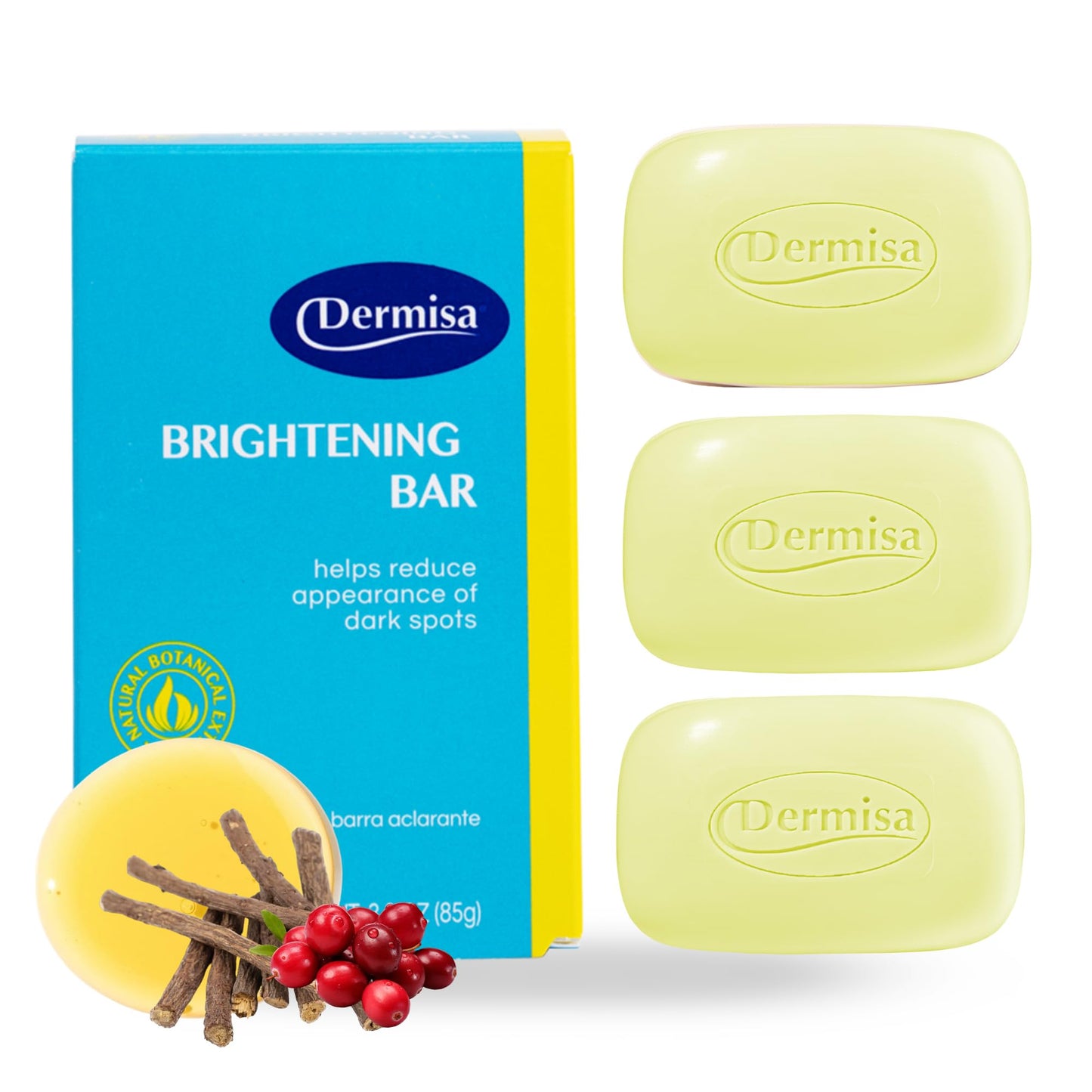 Dermisa Brightening Bar Soap with Kojic Acid, Licorice and Arbutin, Dark Spot Cleansing Soap for Even Skin Tone and Clarity, 3.0 oz, Pack of 3