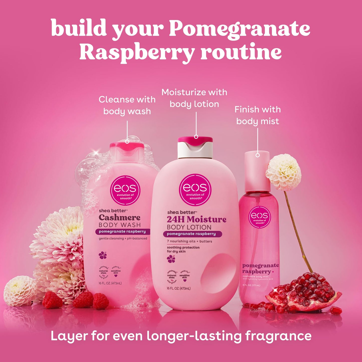 eos Cashmere Body Mist, Pomegranate Raspberry, body spray for women, hair mist, fruity, moisturizing, hyaluronic acid, glycerin, vegan, cruelty-free Beauty and Personal Care eos