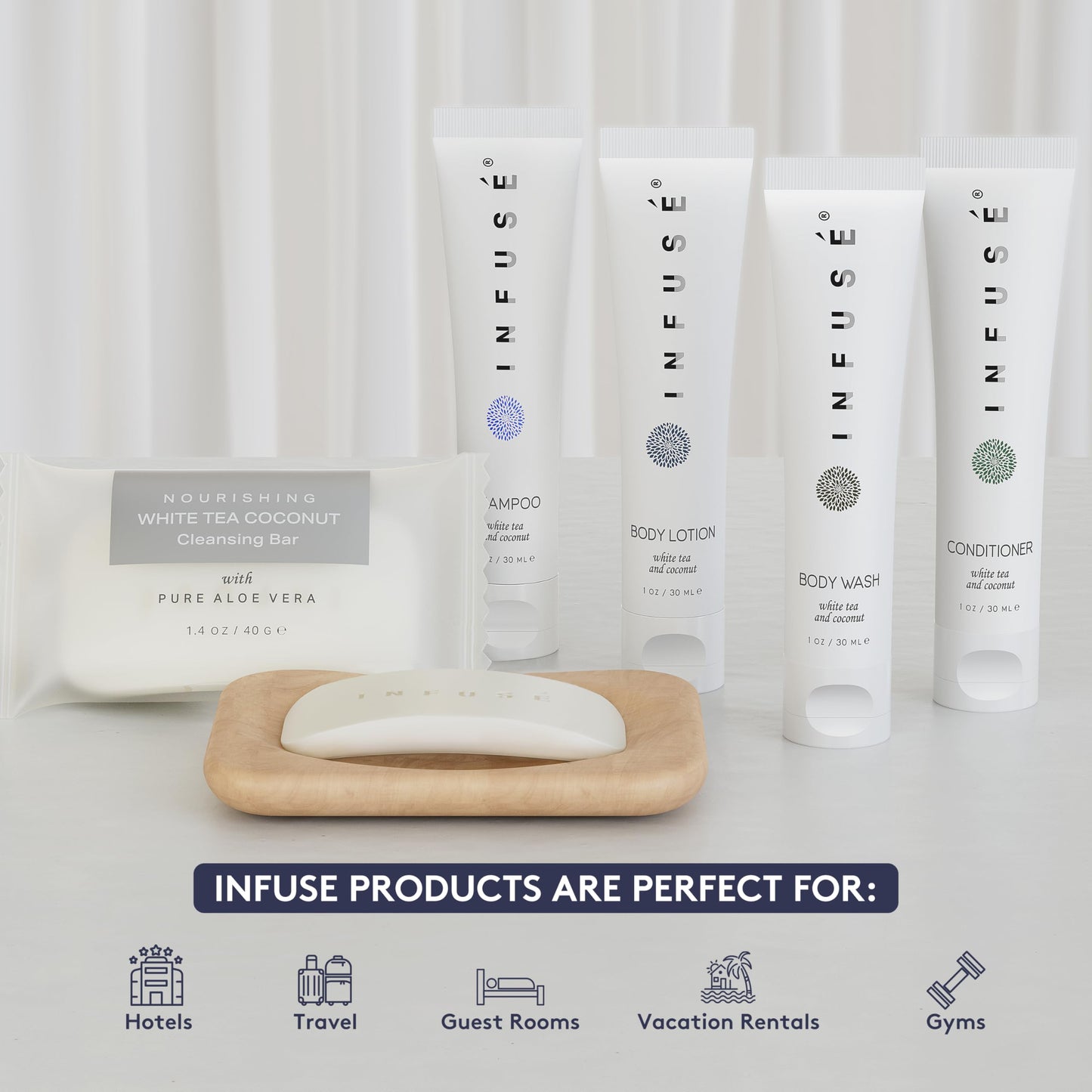 Infuse Pure White Tea and Coconut All-In-Kit Hotel Soaps and Toiletries Bulk Set | 1oz Shampoo & Conditioner, Body Wash, Lotion & 1.25oz Bar Soap |