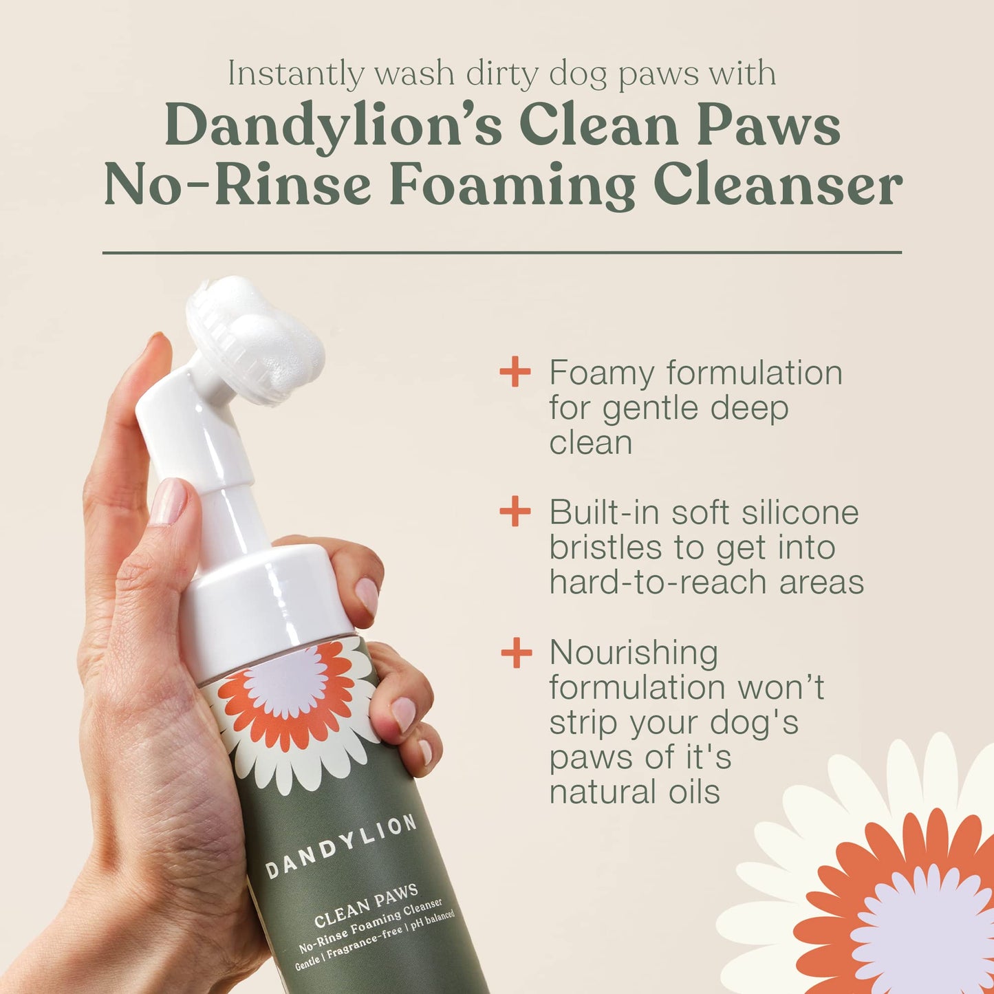 Dandylion Clean Paws No-Rinse Dog Paw Cleaner – Gentle, Fragrance-Free Foaming Wash with Silicone Brush, pH Balanced, Safe for All Dogs, 5 fl oz